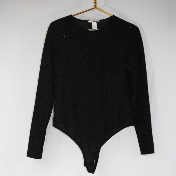 H&M Women's Black Sparkle Long Sleeve Bodysuit Size Large Snap Bottom NEW - Picture 1 of 9